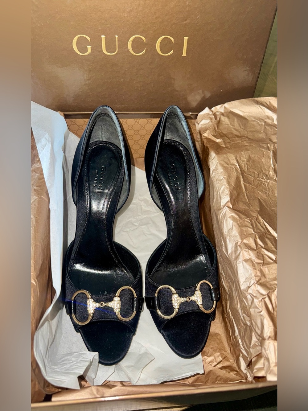 VINTAGE - Gucci Black Satin Crystal Horsebit D'Orsay Heels - size 6.5 - Picture 15 of 17